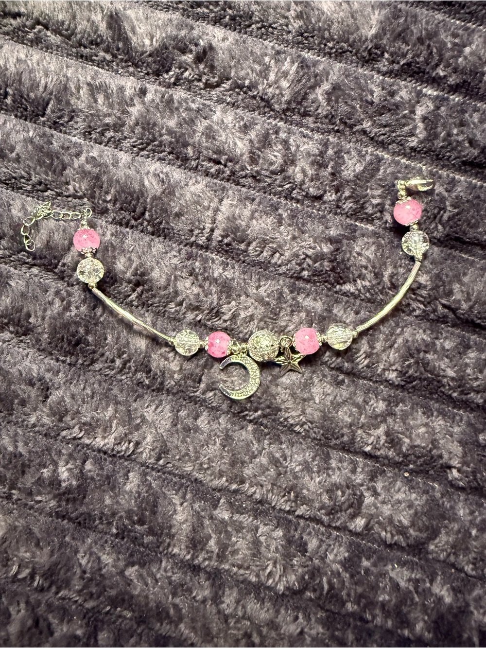 Fashion Jewelry Silver Moon & Star Bracelet with Pink Beads